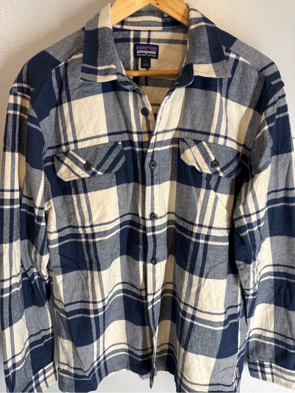 Patagonia Men’s Navy and White Plaid Button-Up Shirt
